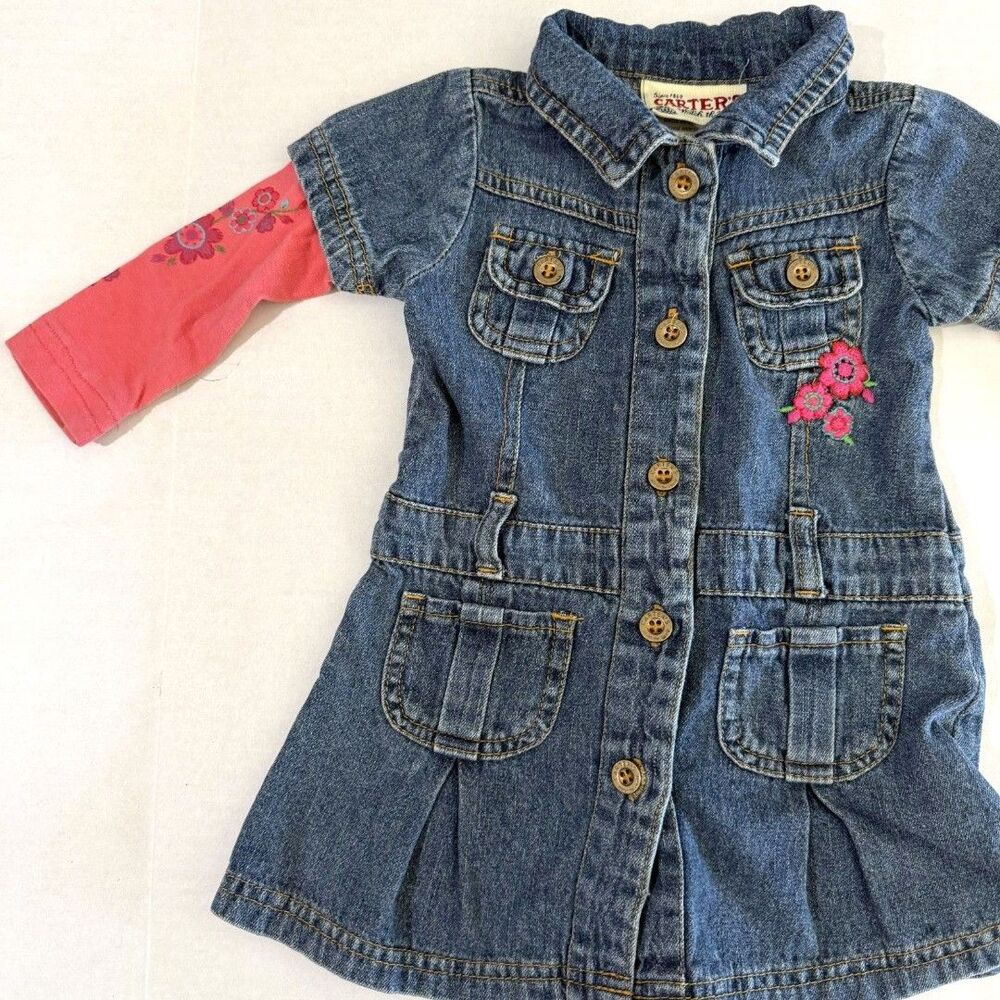 VTG Y2K Carter Girls Embroidered Denim Layered Long Sleeve Dress, 12m